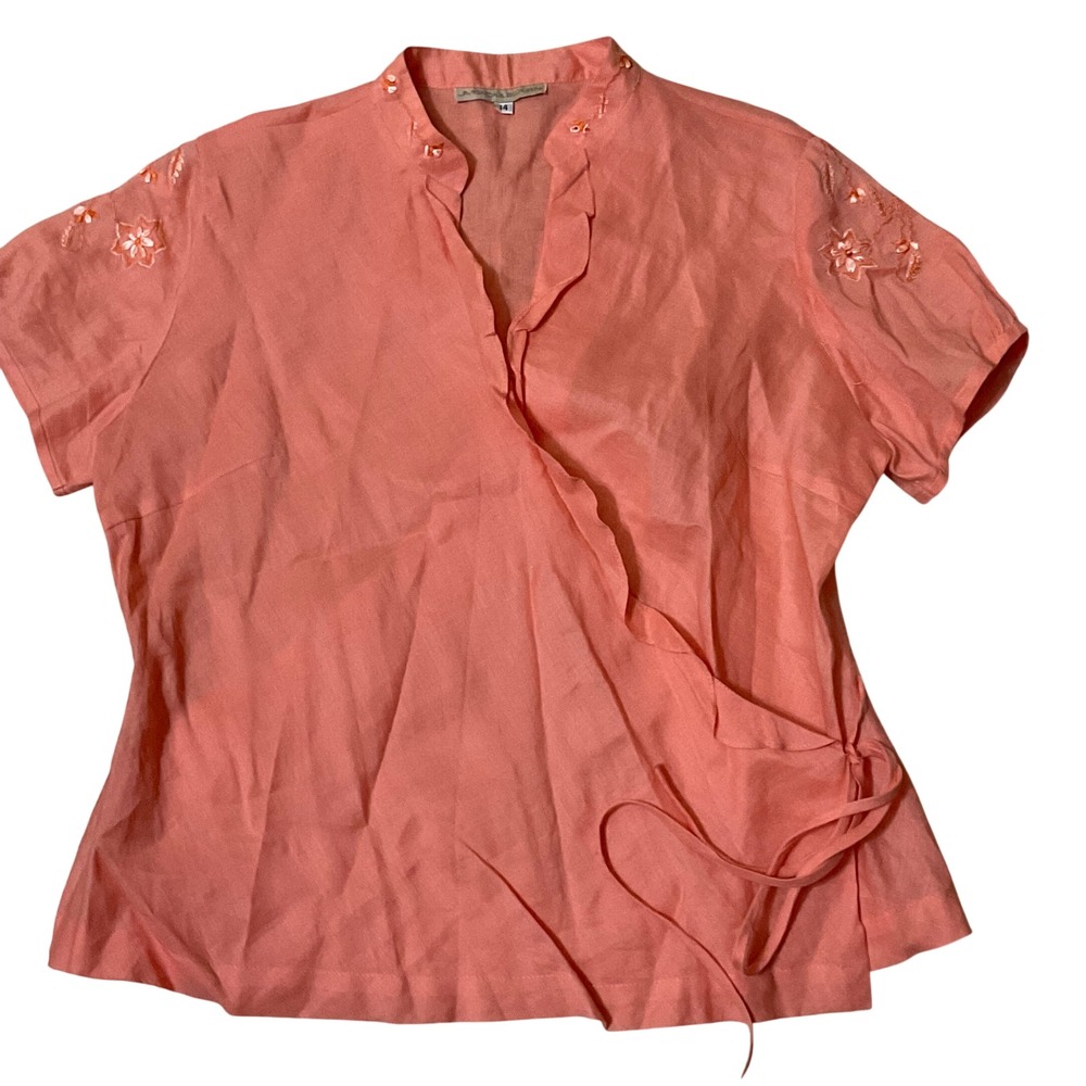 JM Goulbourn Wrap Blouse Women 14 Pink Excellent Embroidered Floral Short Sleeve